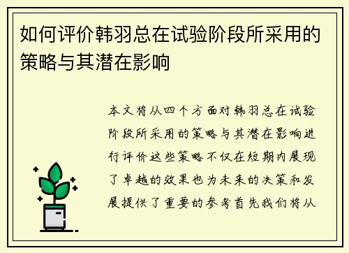 如何评价韩羽总在试验阶段所采用的策略与其潜在影响