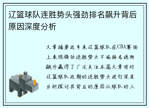 辽篮球队连胜势头强劲排名飙升背后原因深度分析