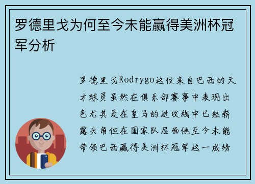罗德里戈为何至今未能赢得美洲杯冠军分析